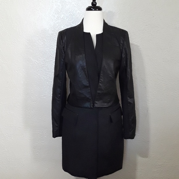 Long coat • Grey wool, black faux leather.  Small - Picture 1 of 8